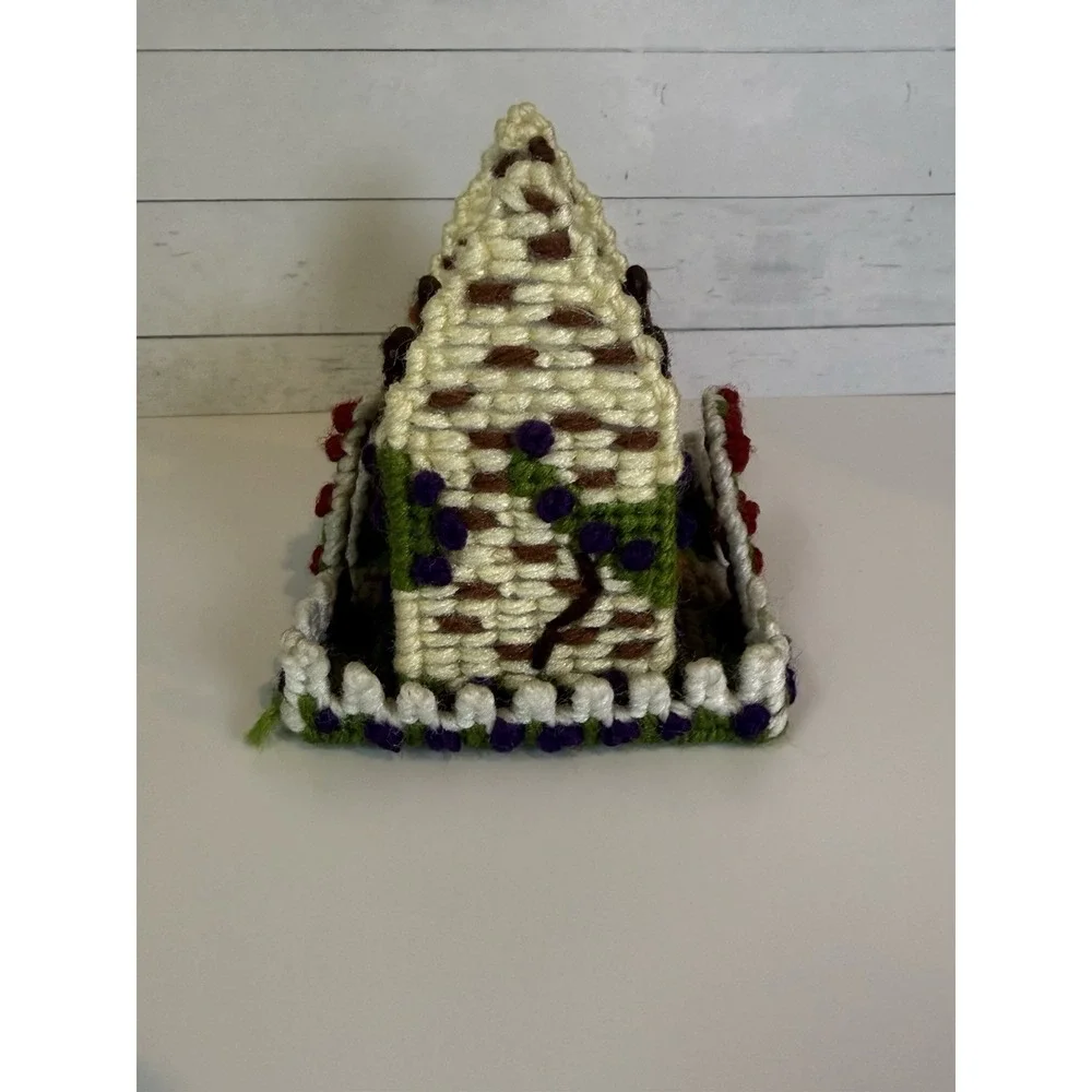 Vintage Plastic Canvas Yarn House Pen Holder Desk Organizer Handmade Needlepoint